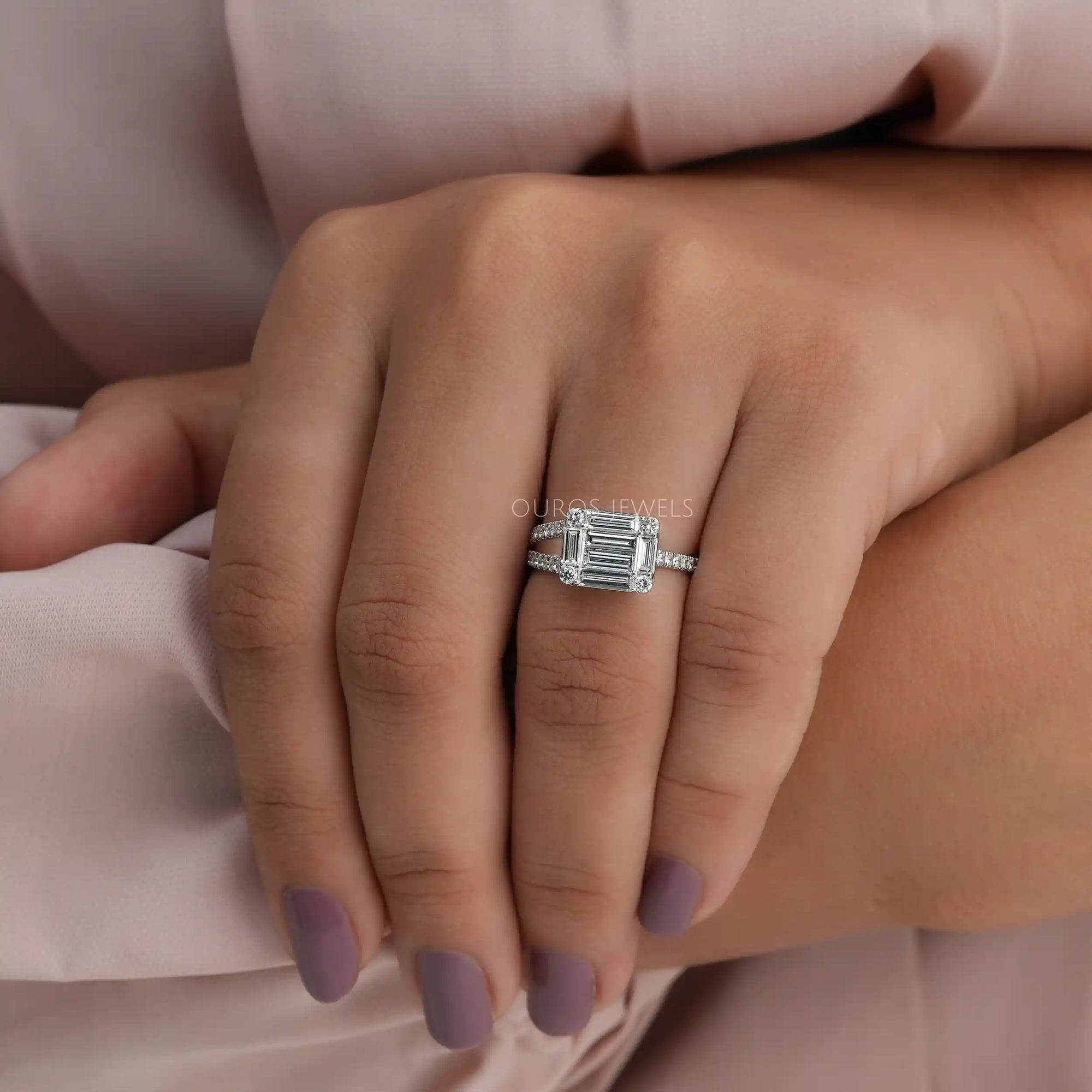 Round and Baguette Cut Lab Grown Diamond Wedding Band