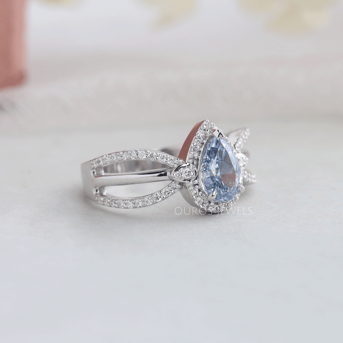 Blue Pear Cut Halo Accent Diamond Engagement Ring