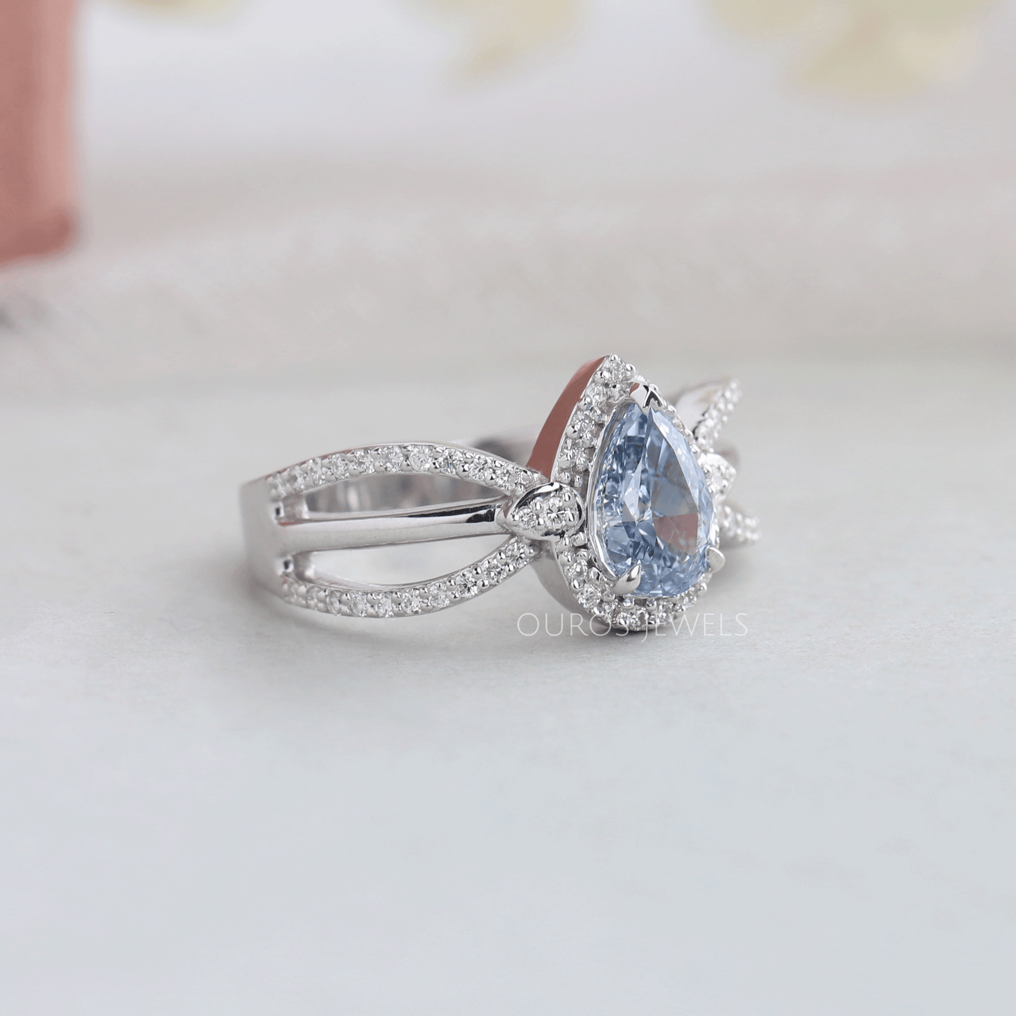 Blue Pear Cut Halo Accent Diamond Engagement Ring