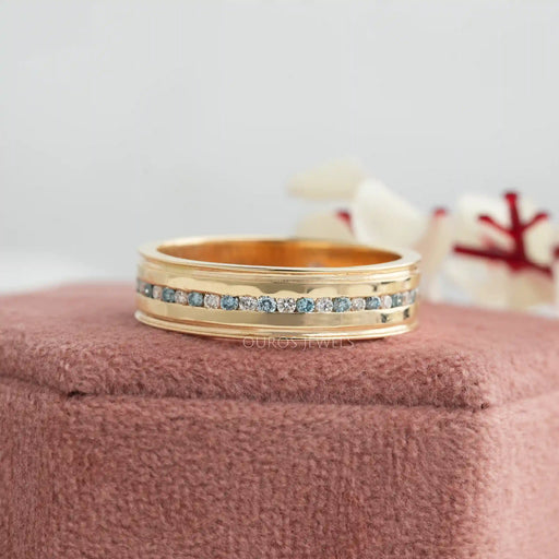 blue round cut lab diamond mens engagement ring yellow gold on jewelry box