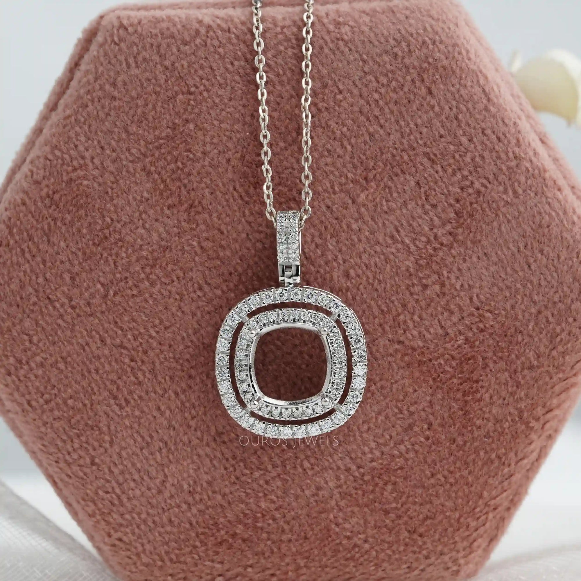 Cushion Shape Double Halo Semi Mount Pendant Necklaces