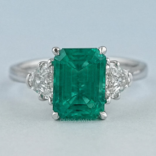 Green Emerald With Antique Diamond Three Stone Ring Ring