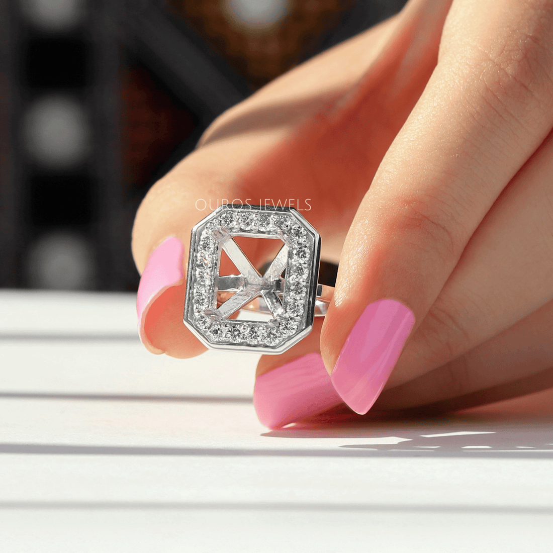 Emerald Cut Halo Semi Mount Engagement Ring Ring