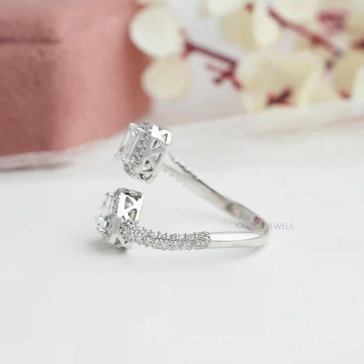 Emerald And Trilliant Cut Halo Lab Diamond Bypass Engagement Ring