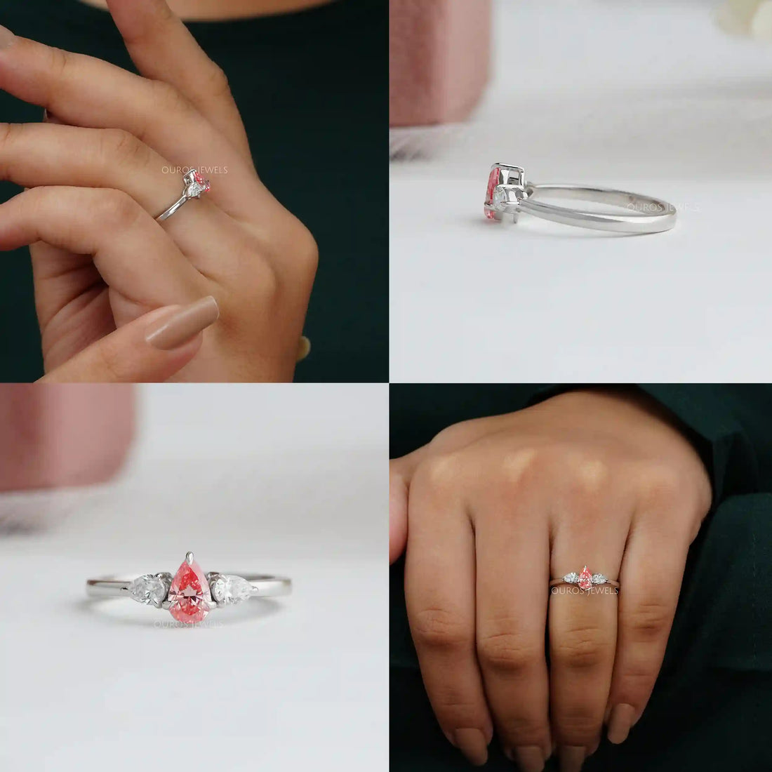 Pink Pear Cut Lab Diamond Three Stone Ring