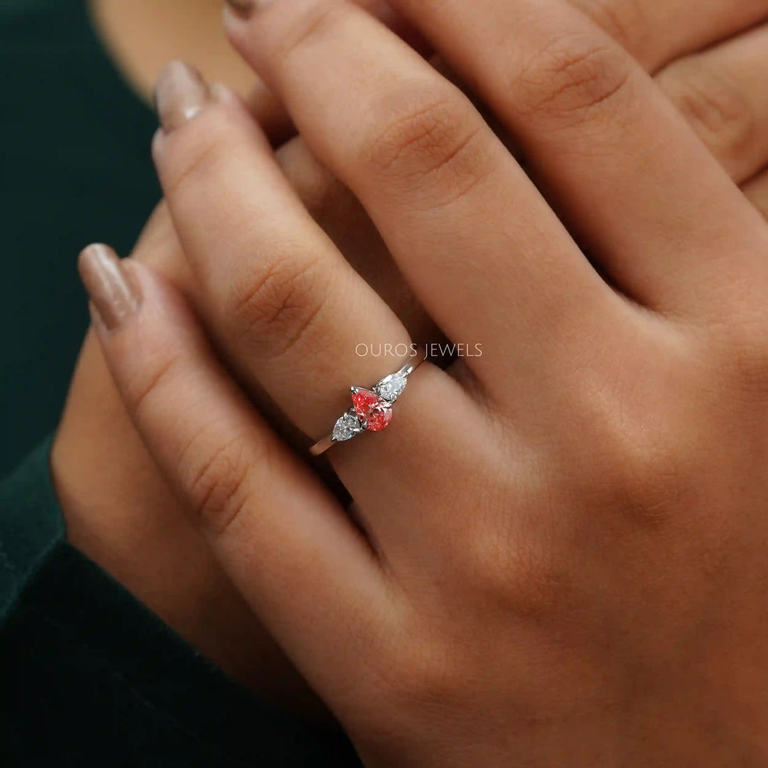 Pink Pear Cut Lab Diamond Three Stone Ring