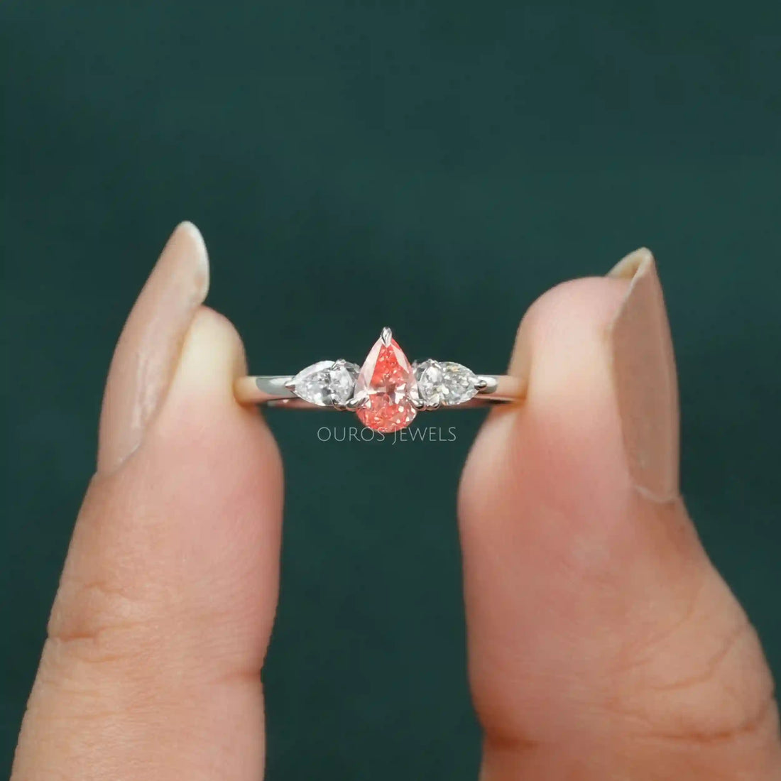 Pink Pear Cut Lab Diamond Three Stone Ring