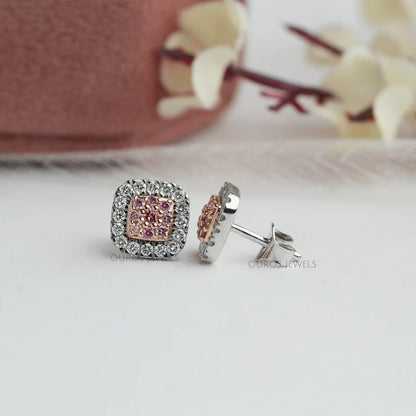Pink Round Cut Lab Grown Diamond Halo Stud Earrings Earrings