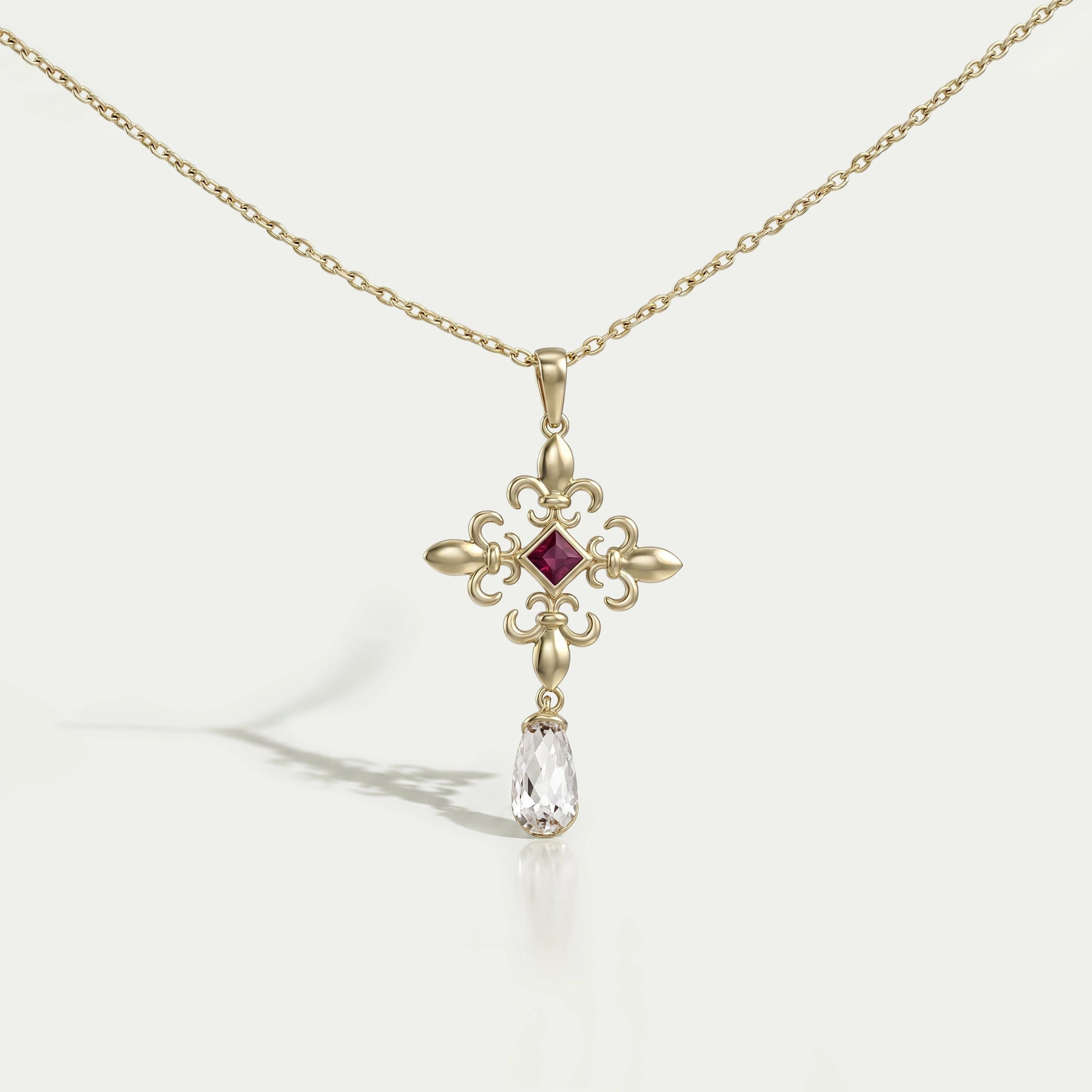 Princess Ruby Gemstone Fleur De Lis Pendant Necklaces