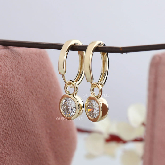 Round Diamond Bezel Set Drop Earrings