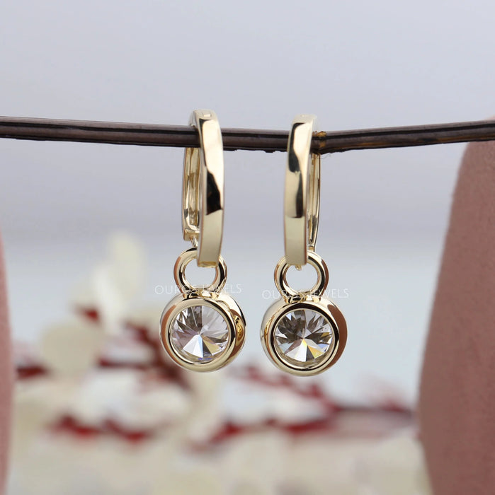 Round Diamond Bezel Set Drop Earrings