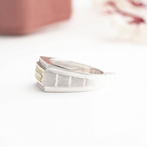 side view of yellow round-cut lab-grown colored diamond men's wedding band