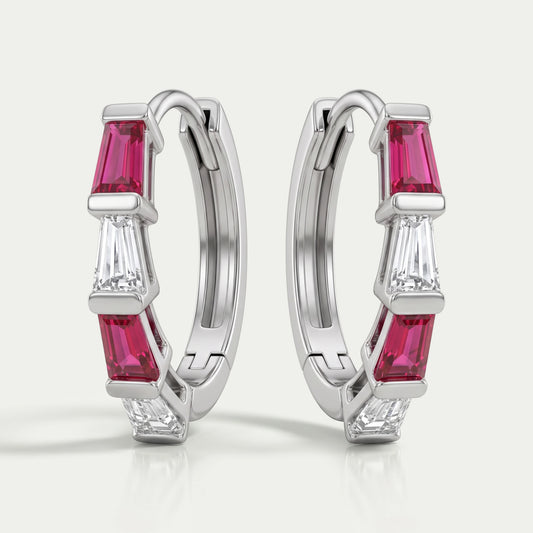 Ruby Tapered Baguette And Lab Diamond Hoop Earrings