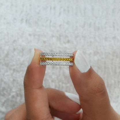 Three Row Round Cut Lab Grown Diamond Band 14K Solid Gold Yellow_EF