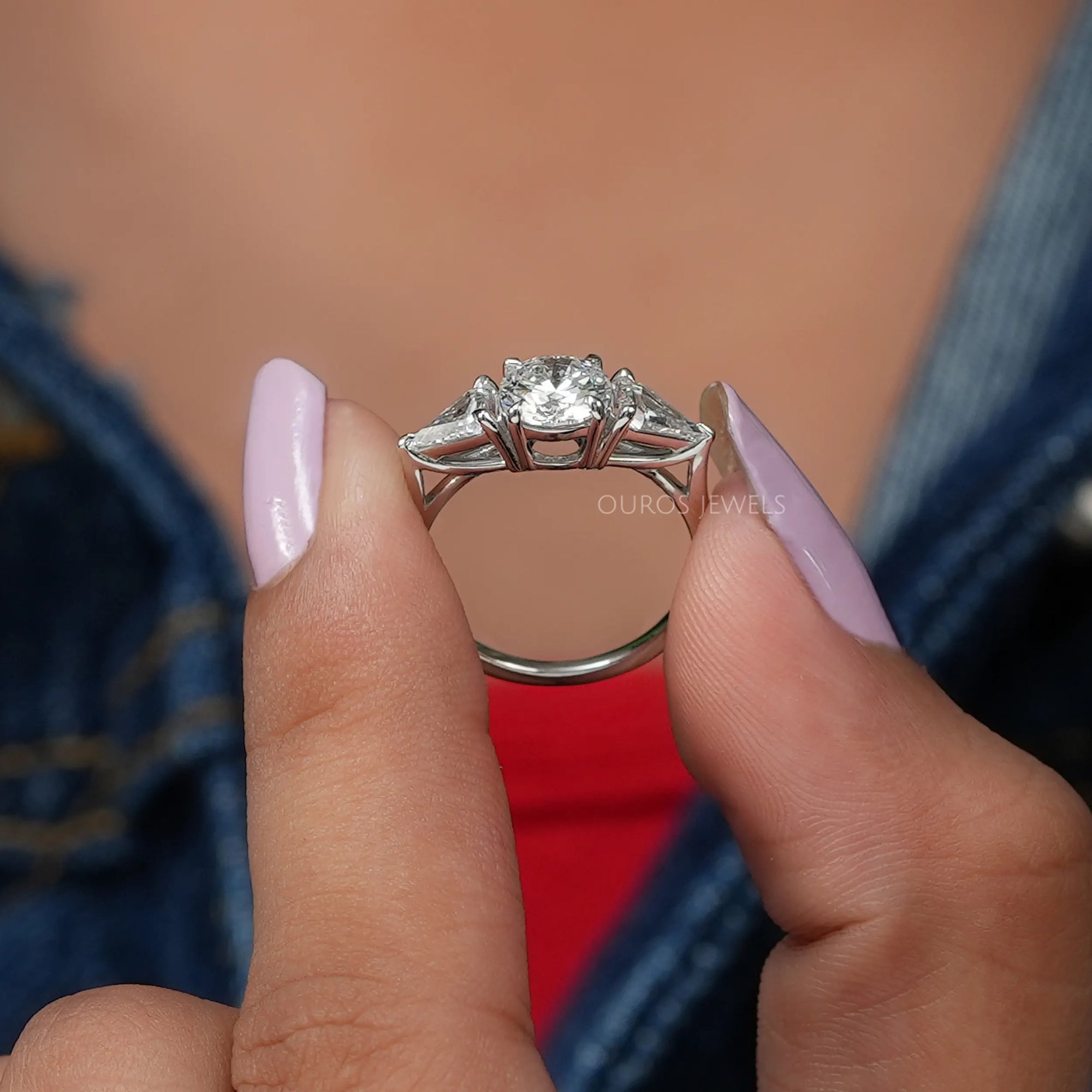 Three Stone Round Cut Lab Diamond Engagement Ring