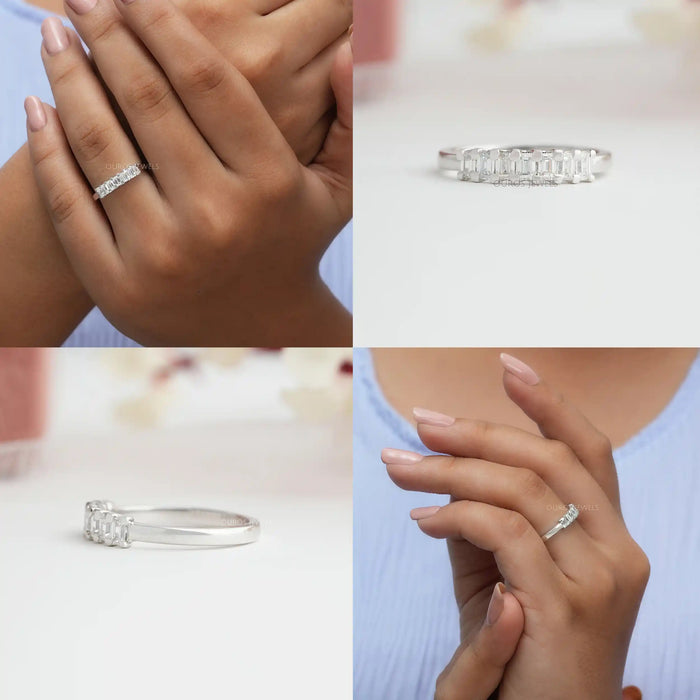 Collage of emerald cut diamond wedding anniversary band
