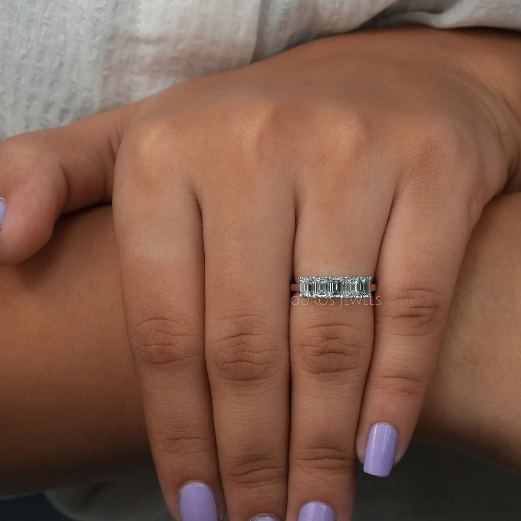 Five Stone Light Blue Emerald Cut Wedding Ring