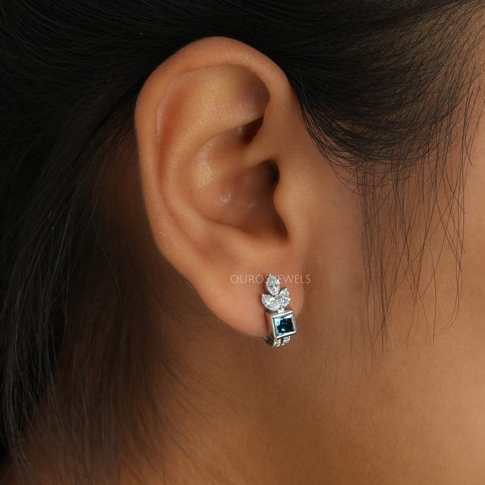 Blue Princess Cut Lab Grown Diamond Hoop Earrings