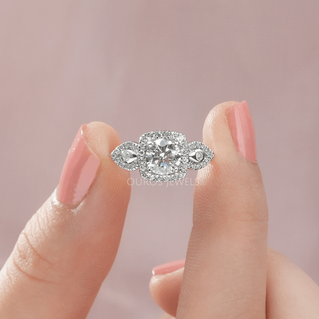 Three Stone Halo Diamond Engagement Ring