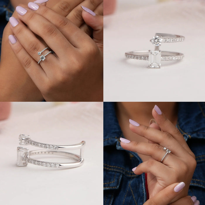 [Multi View In One Image Of Emerald And Round Cut Diamond Open Double Shank Ring]-[Ouros Jewels]