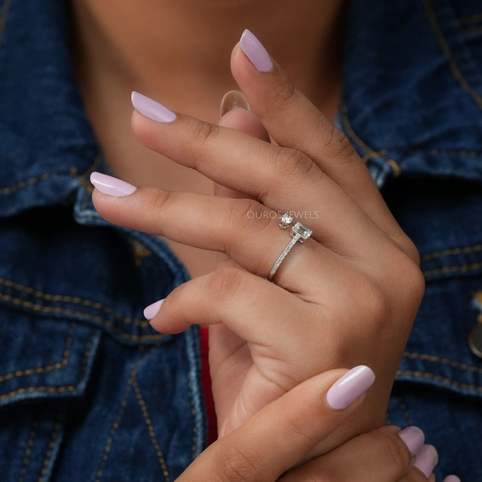 [In Side View Of Round And Emerald Diamond Open Gap Engagement Ring]-[Ouros Jewels]
