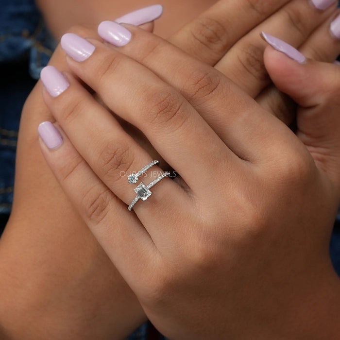 [In Finger View Of Lab Diamond Open Double Shank Accent Stone Wedding Ring]-[Ouros Jewels]