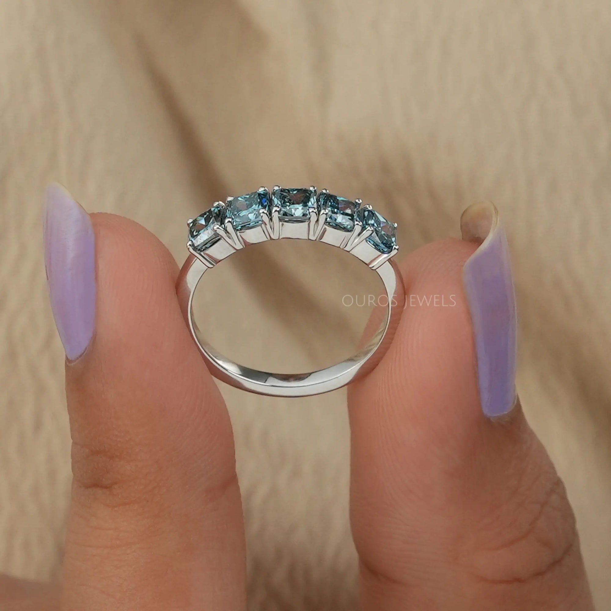 5 Stone Blue Cushion Diamond Ring
