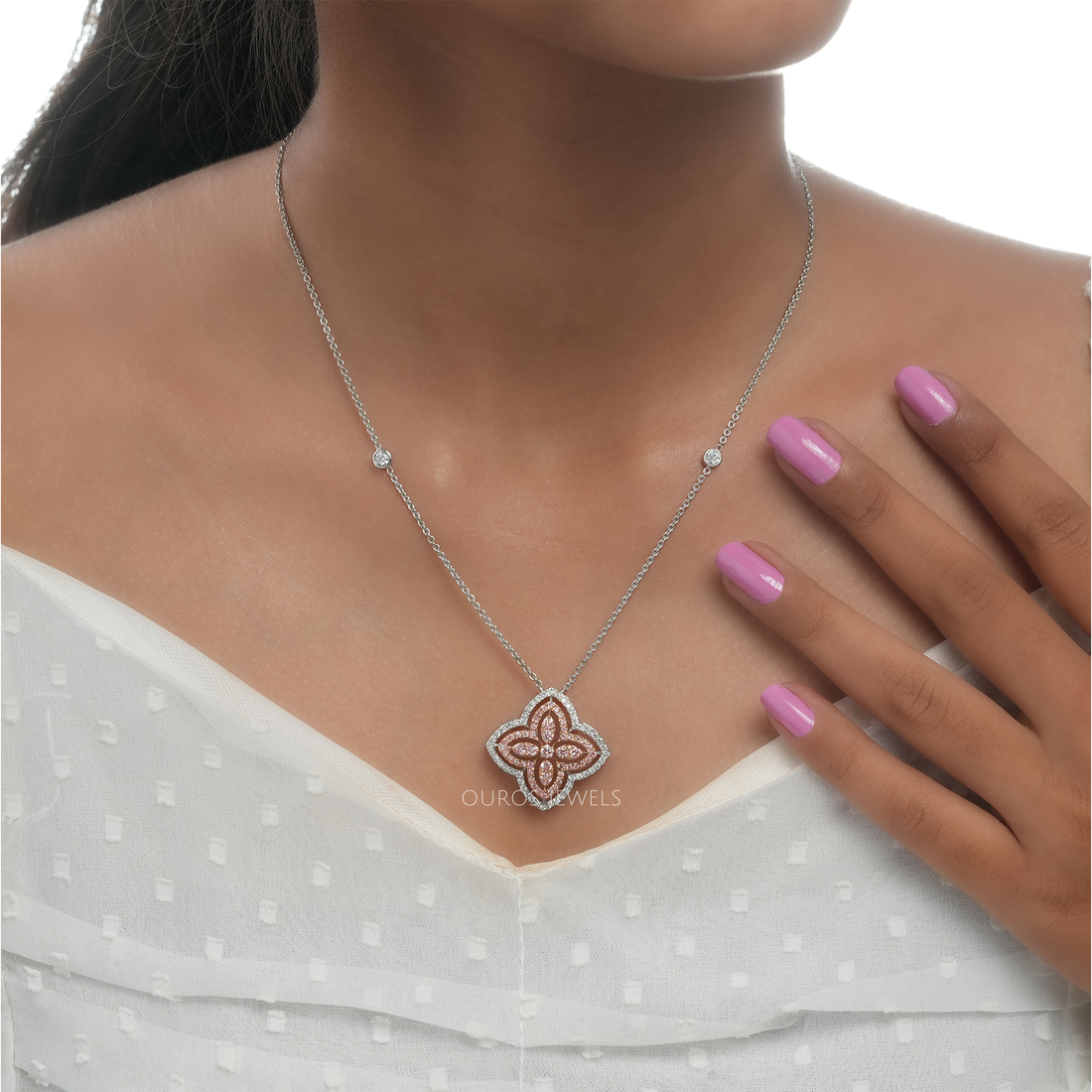 Floral Style Round Cut Diamond Halo Pendant Necklaces