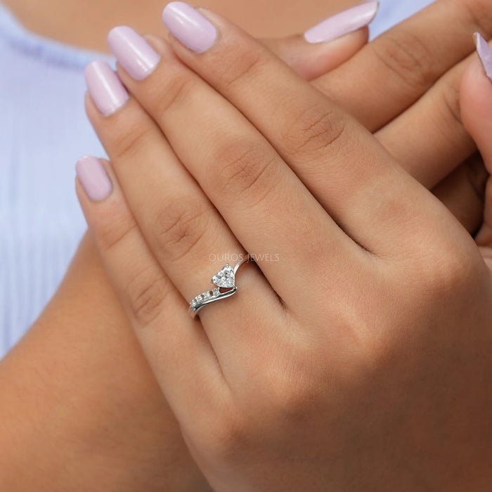 In Finger view of  Accent Diamond Ring With Heart Shape Lab Diamond 