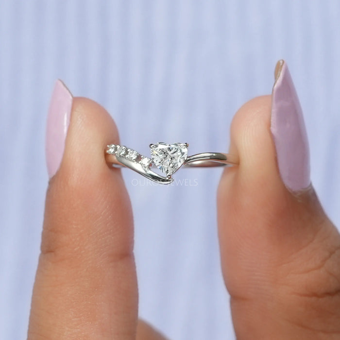 Accent Diamond Ring Made With Heart Cut Lab Diamond in Solid Gold
