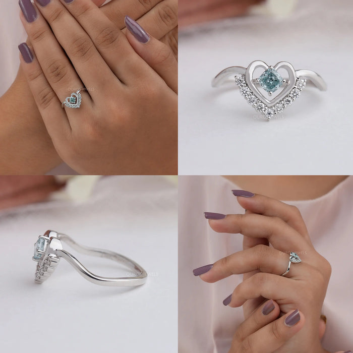 Collage of cushion cut diamond engagement ring in half halo setting, showing front, side & in finger view.
