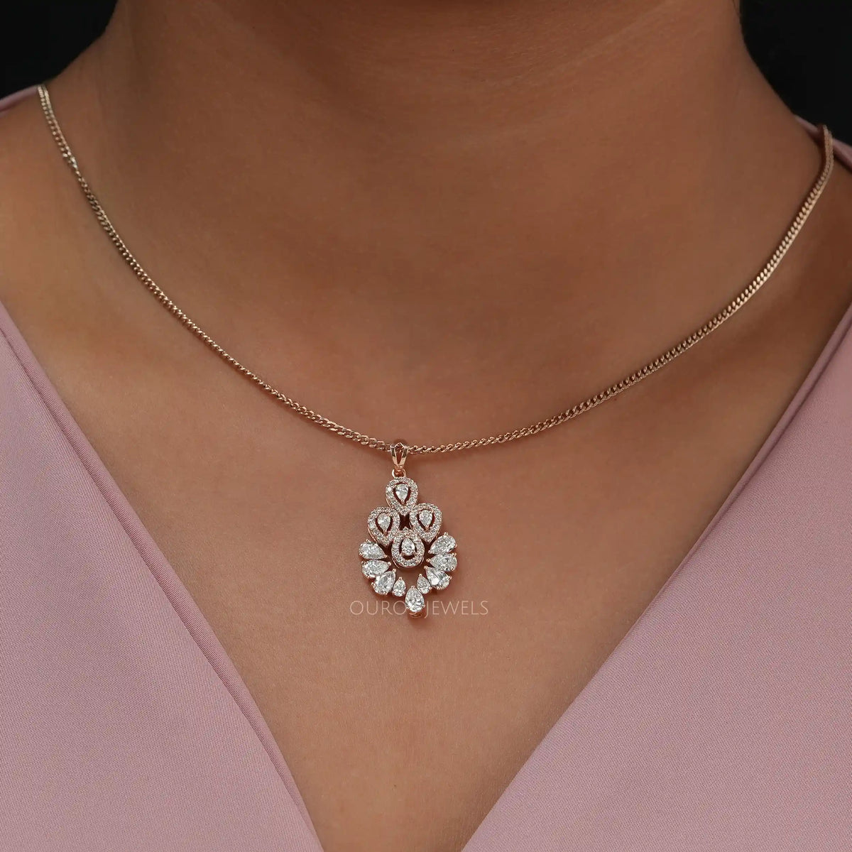 Flower Style Pear Cut Diamond Halo Pendant