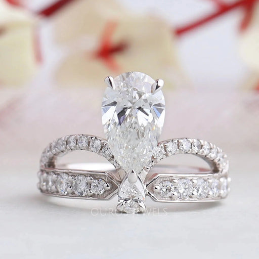front view of pear-cut lab diamond crown-style bridal engagement ring