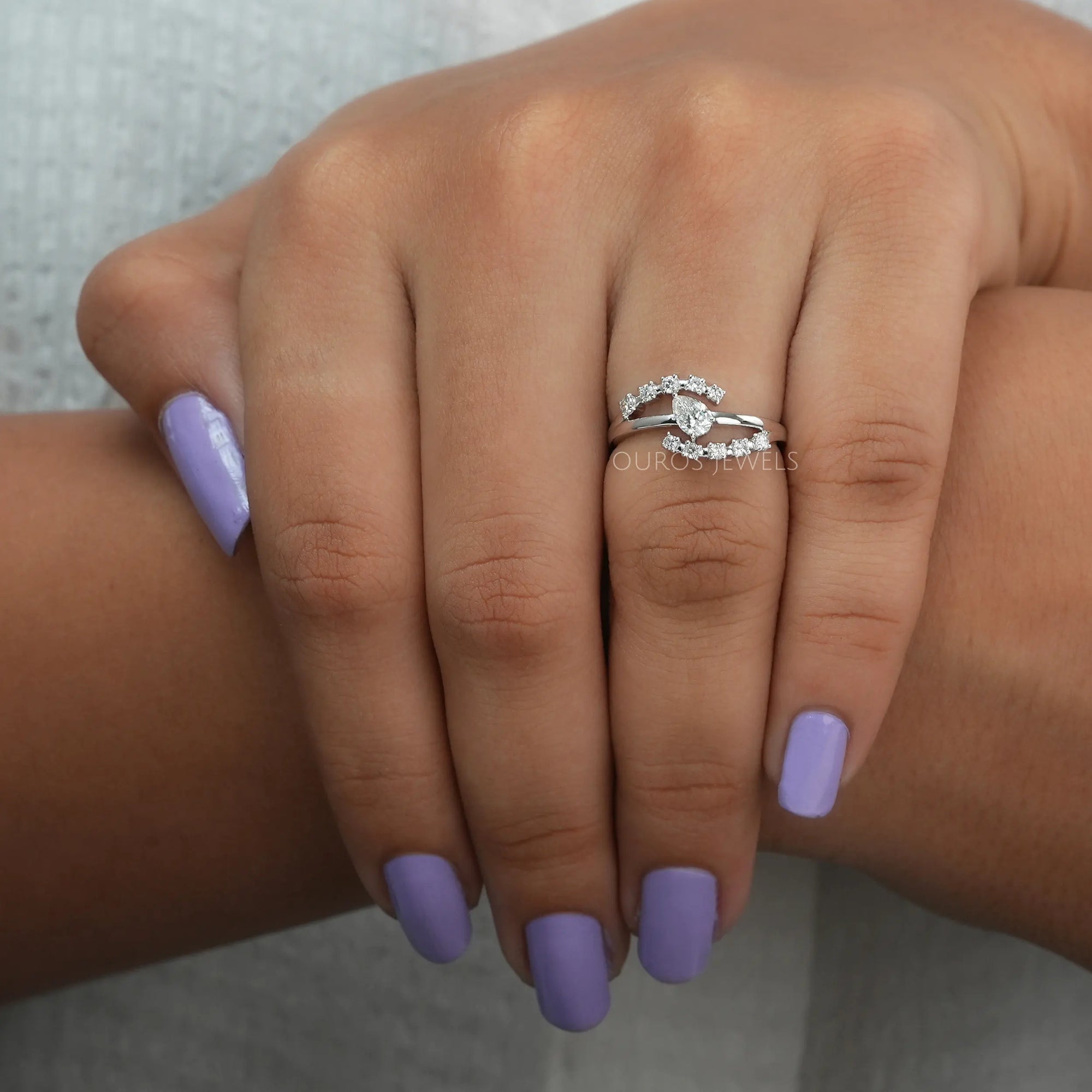 Bypass Style Pear Shaped Diamond Ring 14K White Gold