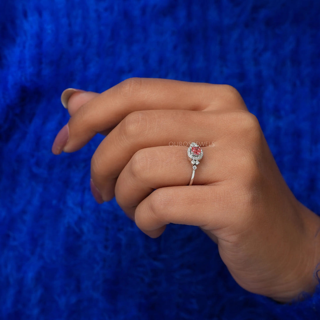 Pink Cushion Cut Halo Diamond Engagement Ring