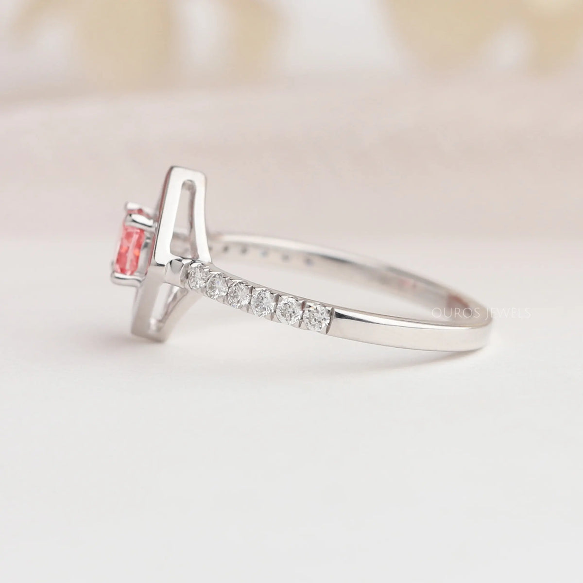 Pink Cushion Cut Solitaire Accent Diamond Ring