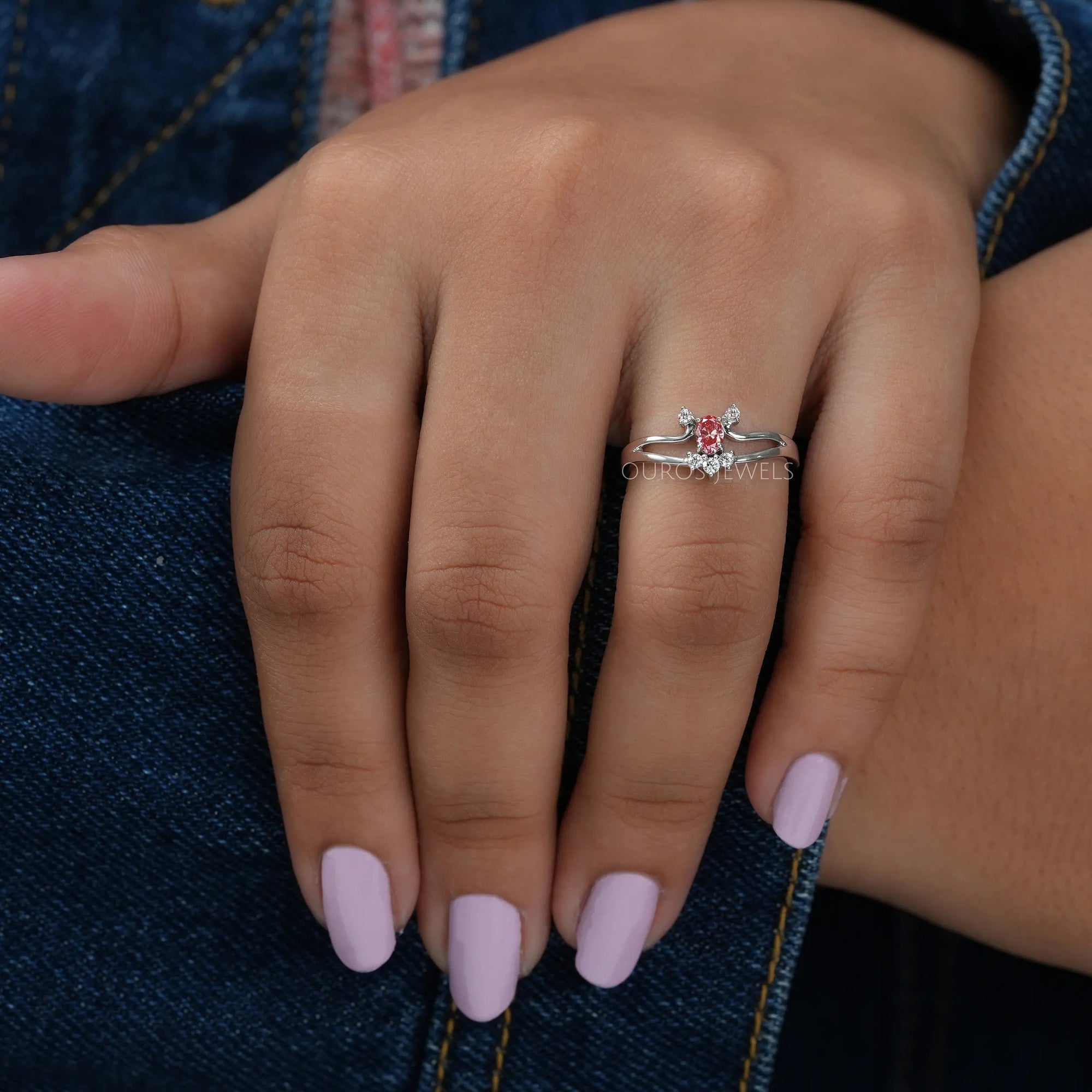 Pink Oval Cut Cluster Diamond Ring