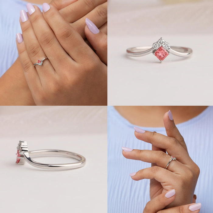 Collage of princess cut pink diamond ring in 14k white gold, showing front view, side view and in finger view.