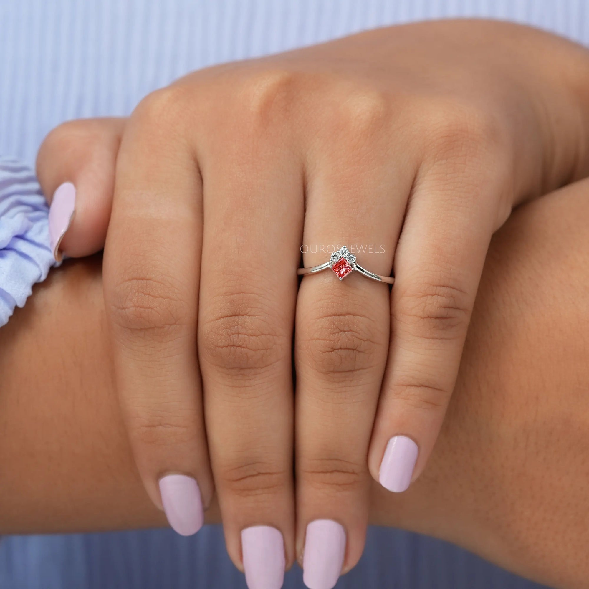 Pink Princess Cut Curved Dainty Ring