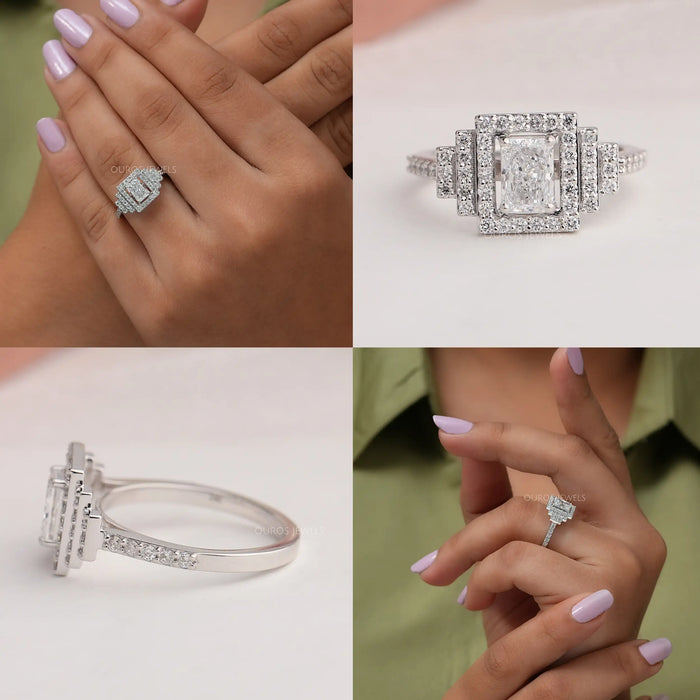 Collage of radiant diamond engagement ring with round halo and accent stones