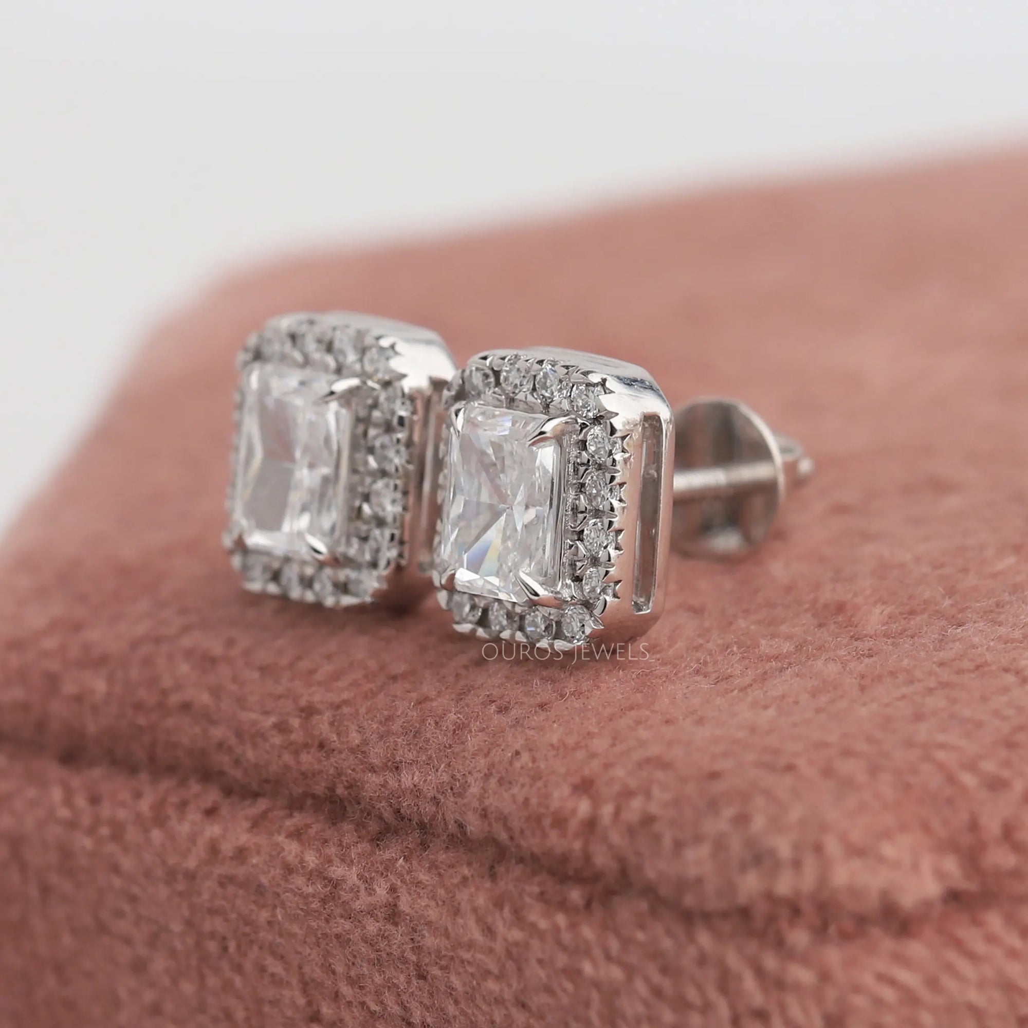 Radiant Cut Halo Diamond Stud Earrings