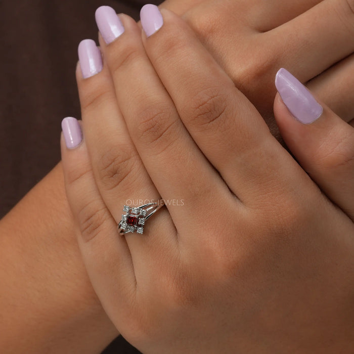 Stunning lab made diamond ring made with red princess and VS round diamonds and 3 row shank