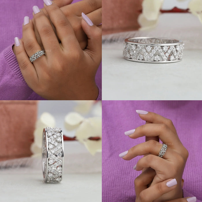 Round cluster lab made diamonds wedding band with pave style crafted in solid white gold