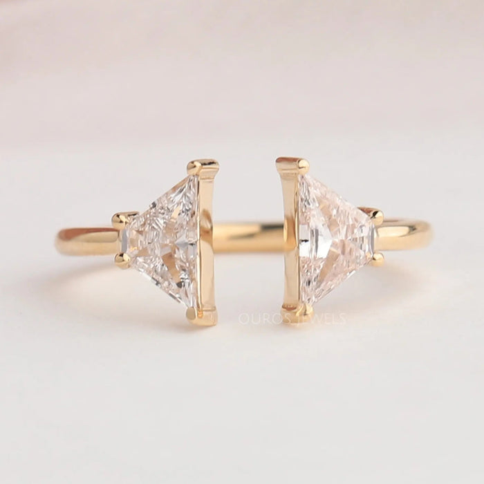 Trapezoid shape lab diamond two stone engagement ring in solid yellow gold