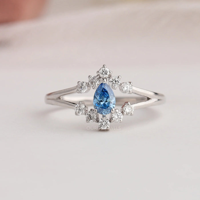 Front look of blue pear cut eco friendly diamond cluster ring