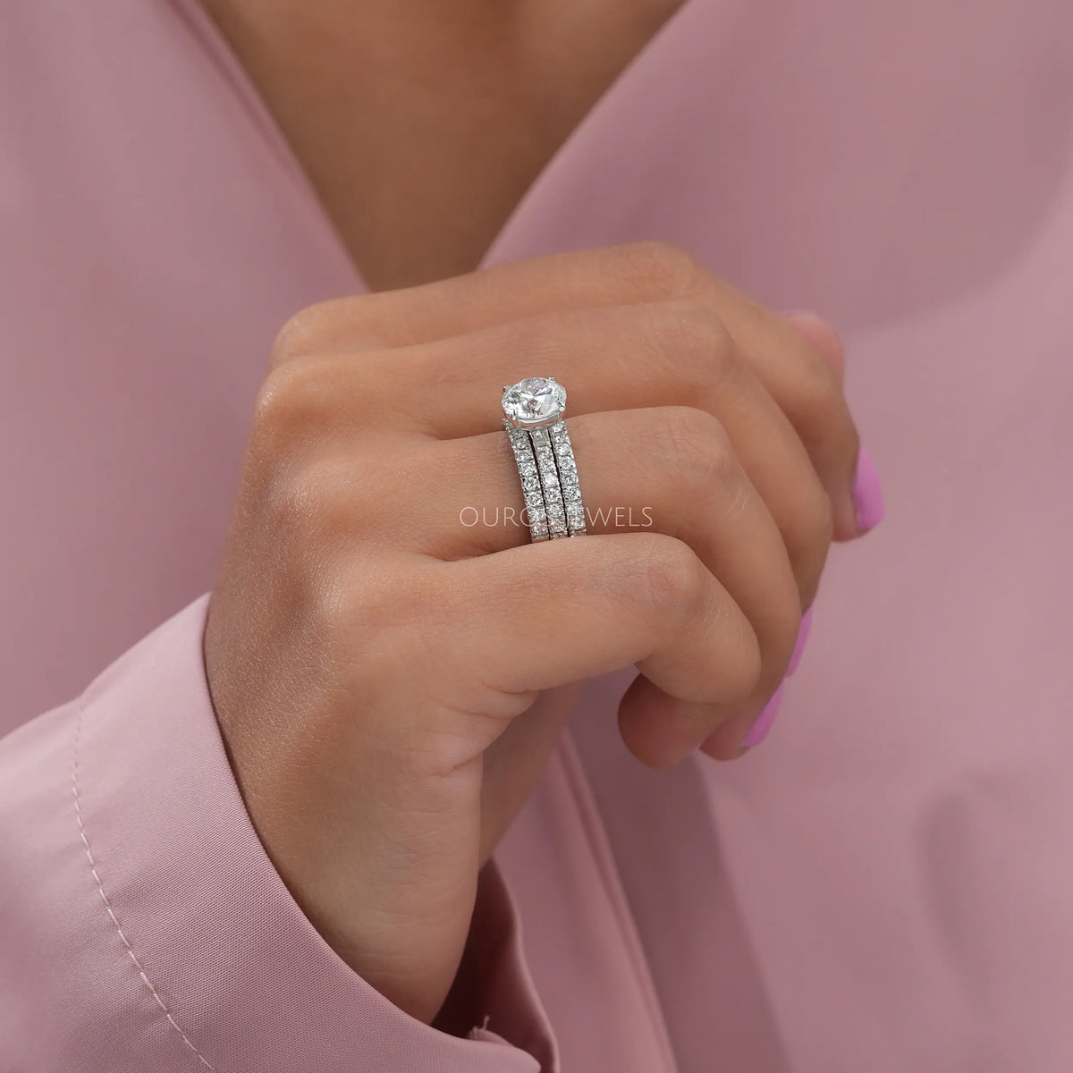 Round Cut Solitaire Accent Diamond Bridal Ring Set Rings