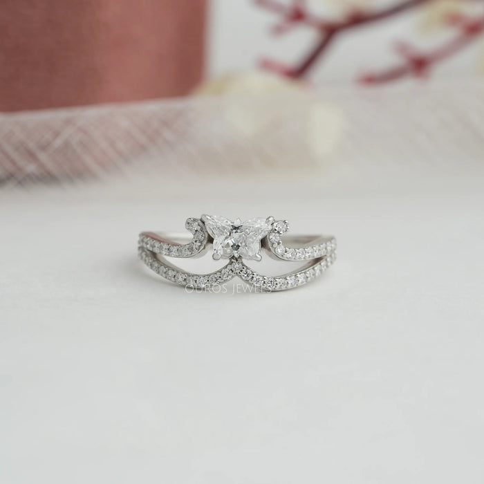 [Butterfly cut diamond engagement ring with crown style setting with round diamonds]-[Ouros Jewels]