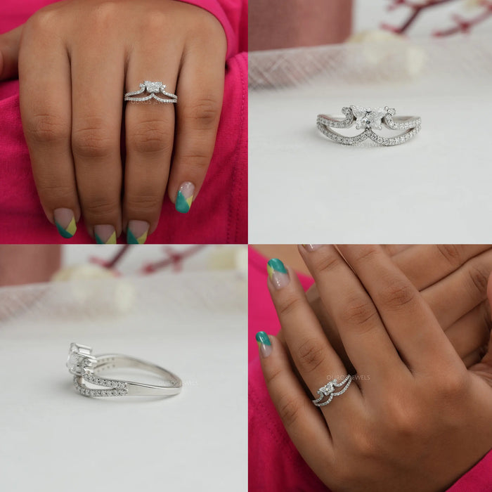 [Collage of antique cut diamond engagement ring in solid white gold]-[Ouros Jewels]