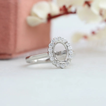 Oval Shape Halo Semi Mount Engagement Ring Ring