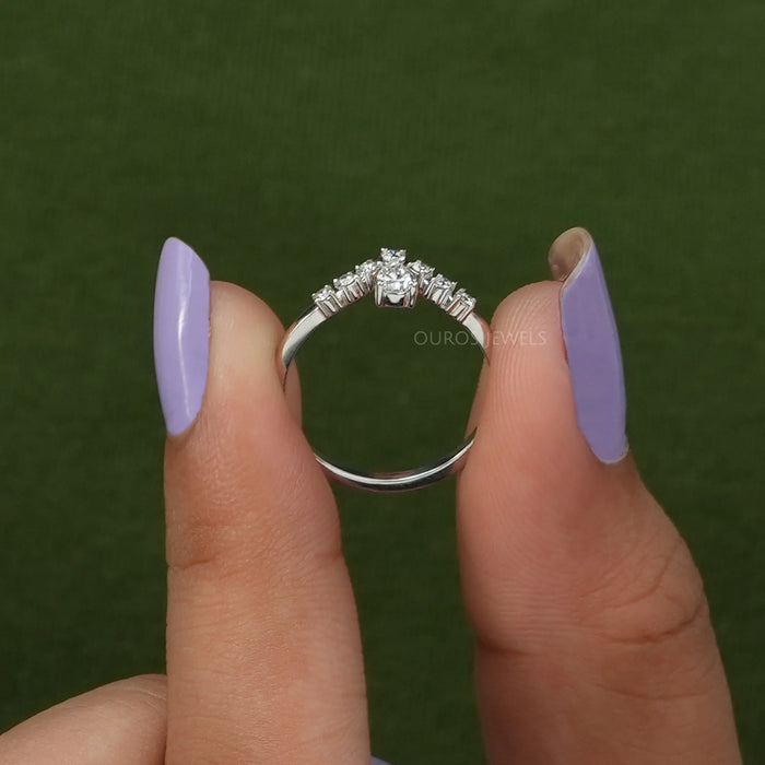 Pear and round lab grown diamond wedding band with curved shank style in white gold 